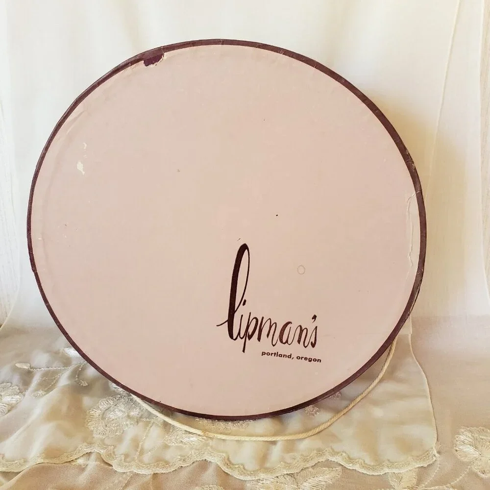 Vintage Hat Box Lipman's of Portland Large Round Pink Burgundy Cord Handle 50s